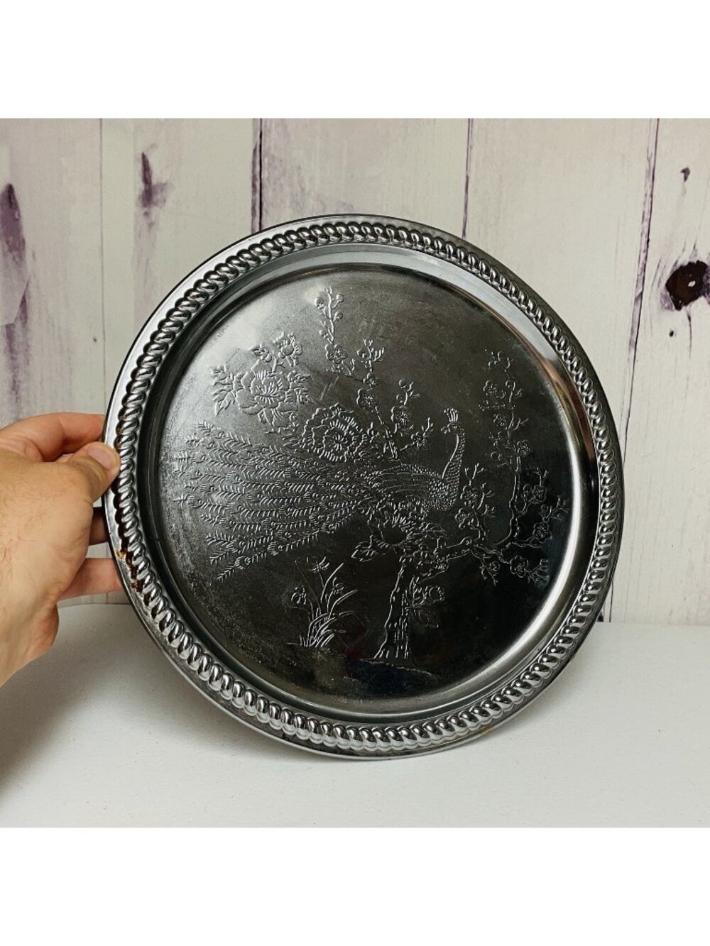 Vintage Peacock Round Tray Florals Silver Rope Border 12.75"